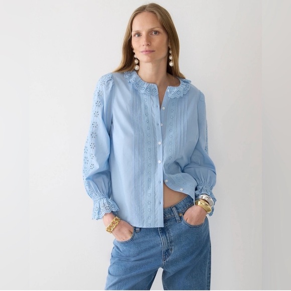 NWOT New J.Crew Eyelet Trim Button Up Shirt Frozen Lake Color L - Picture 1 of 10
